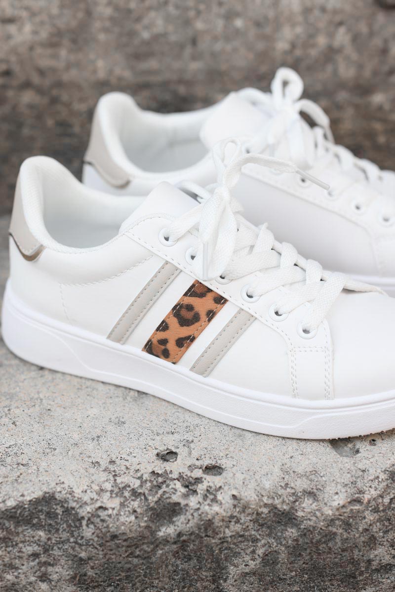 White trainers with beige and leopard stripes