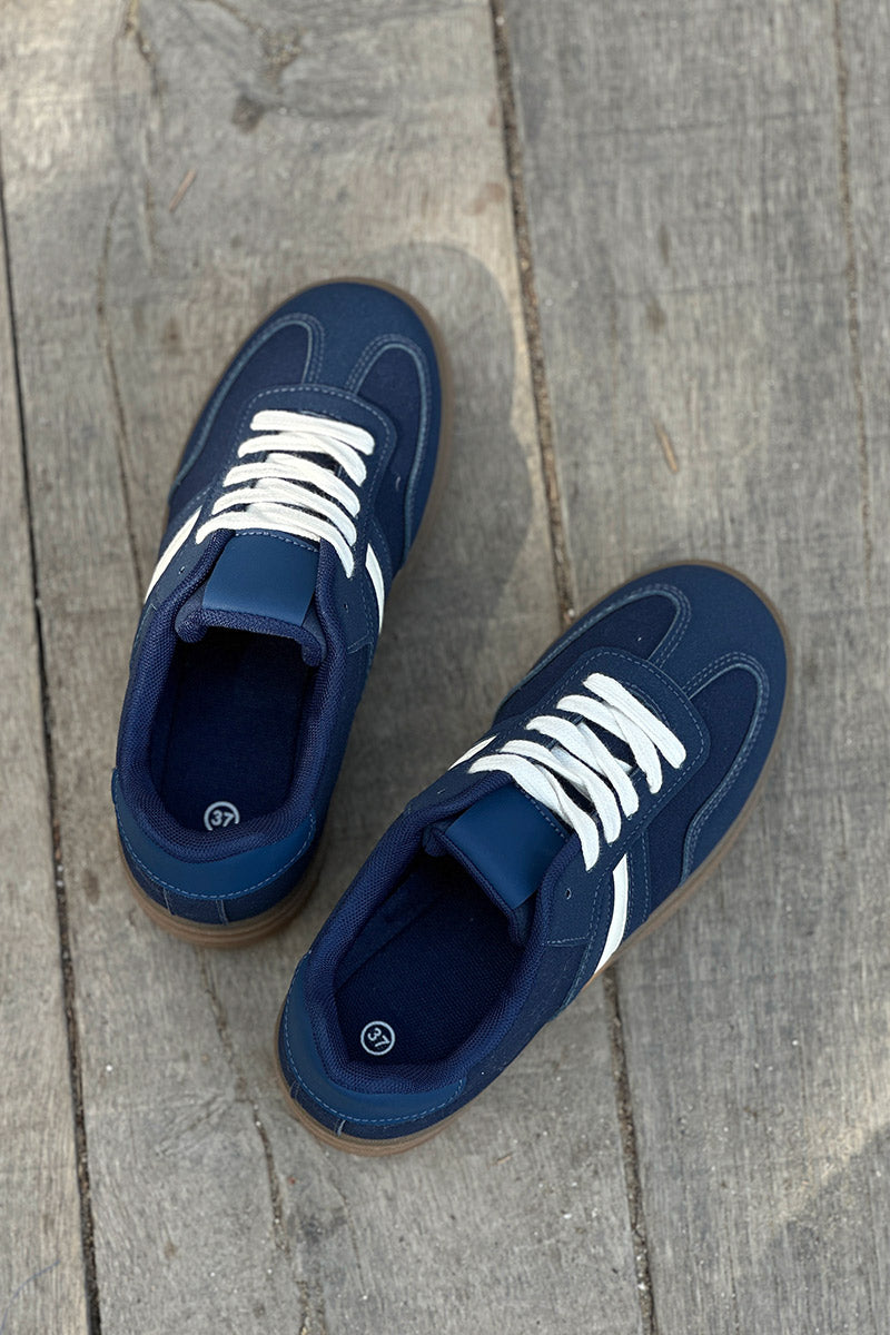 Navy Blue Suedette Sport Stripe Sneakers