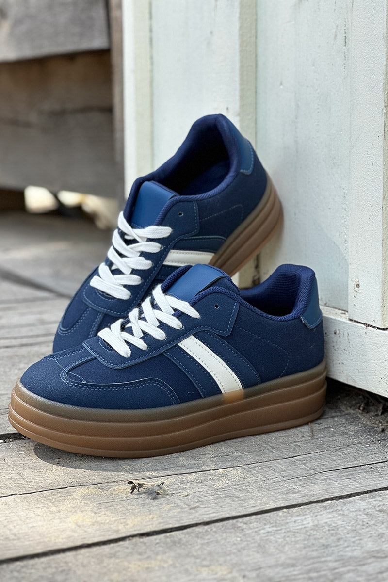 Navy Blue Suedette Sport Stripe Sneakers