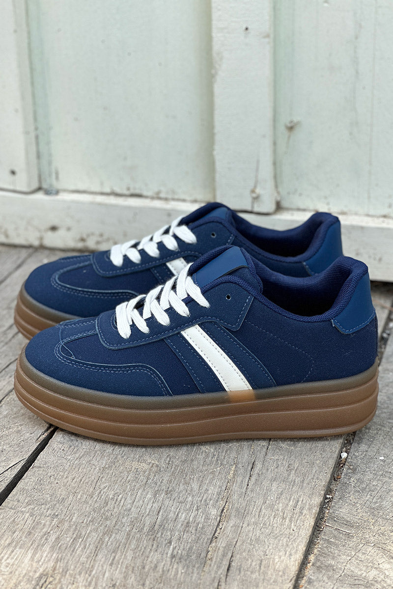 Navy Blue Suedette Sport Stripe Sneakers