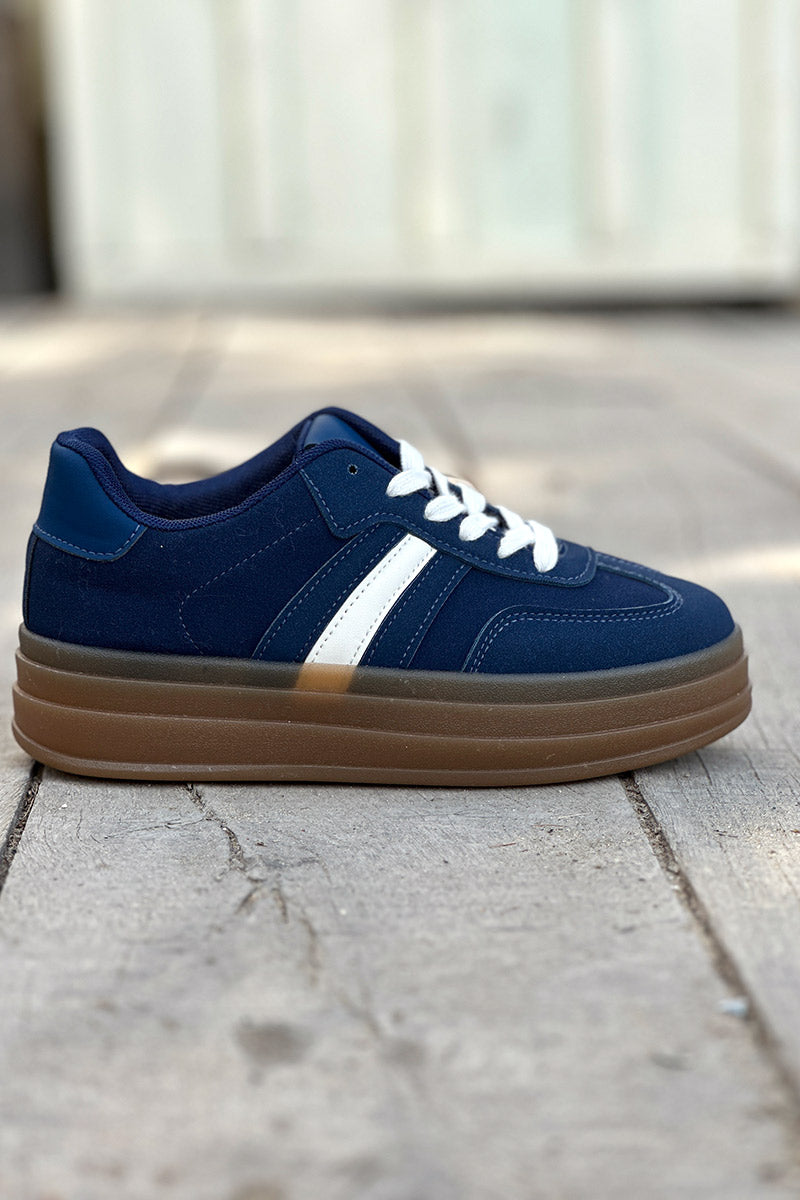 Navy Blue Suedette Sport Stripe Sneakers