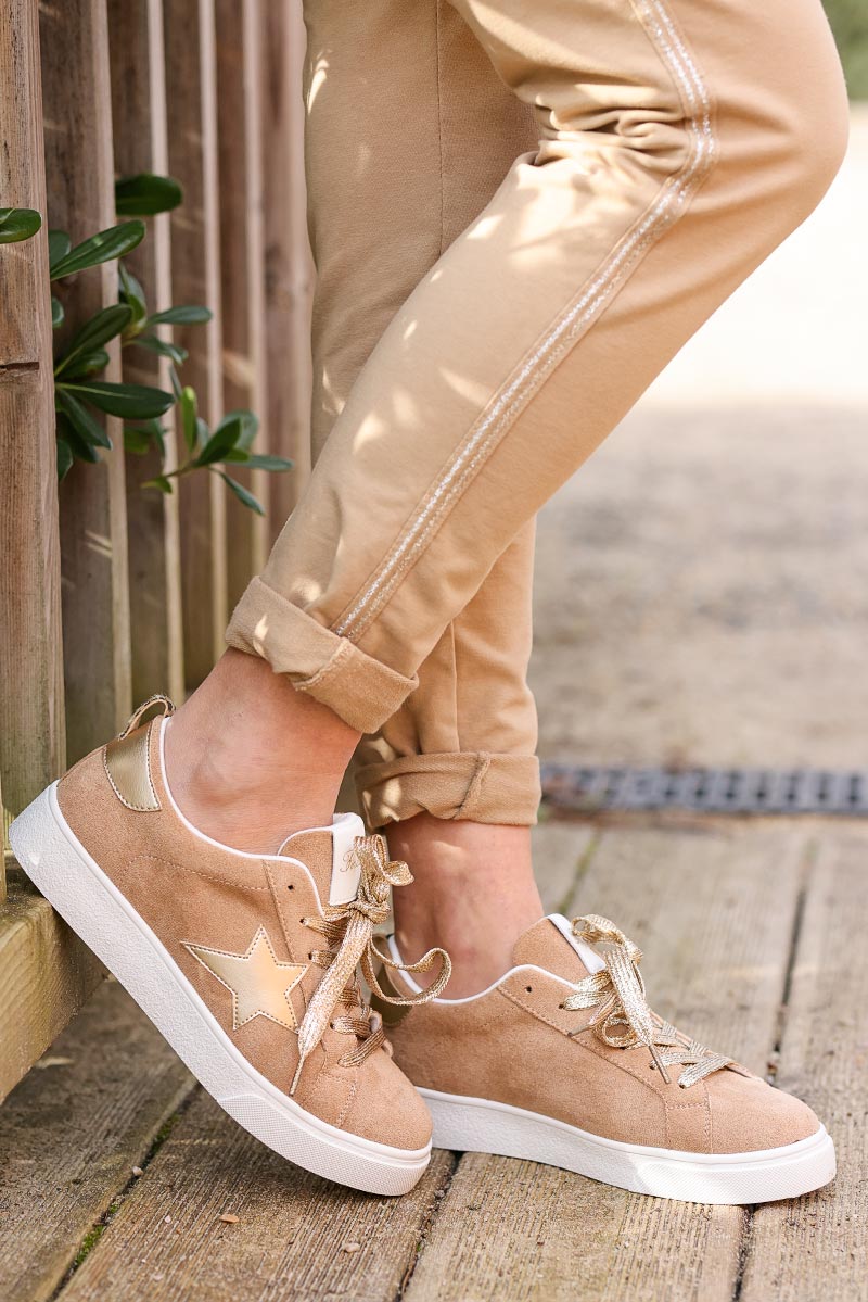 Camel suedette sneakers with metallic gold star 