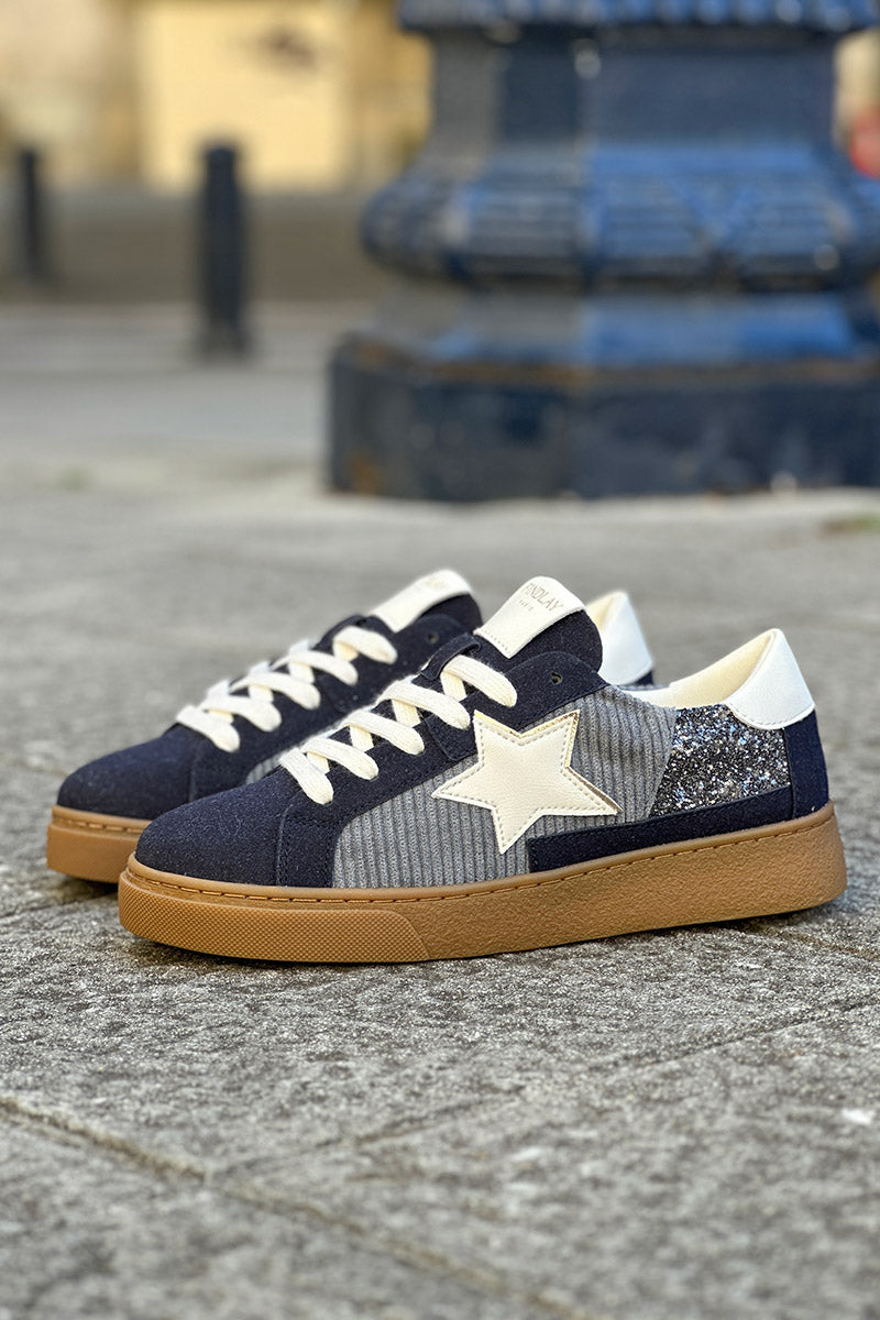 Tennis en suédine bleu marine étoile détails velours côtelé et paillettes
