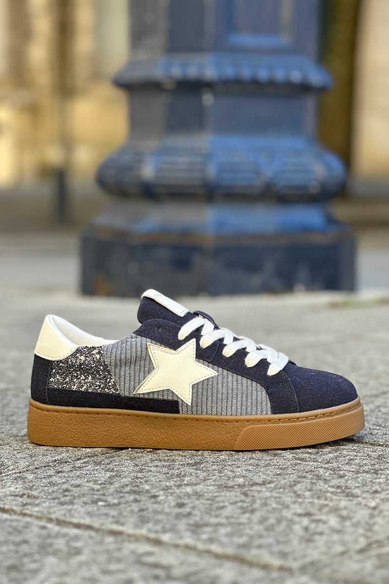Tennis en suédine bleu marine étoile détails velours côtelé et paillettes