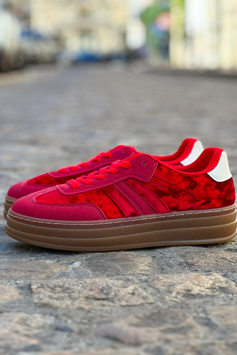 Red Velvet and Suede Sport Stripe Sneakers