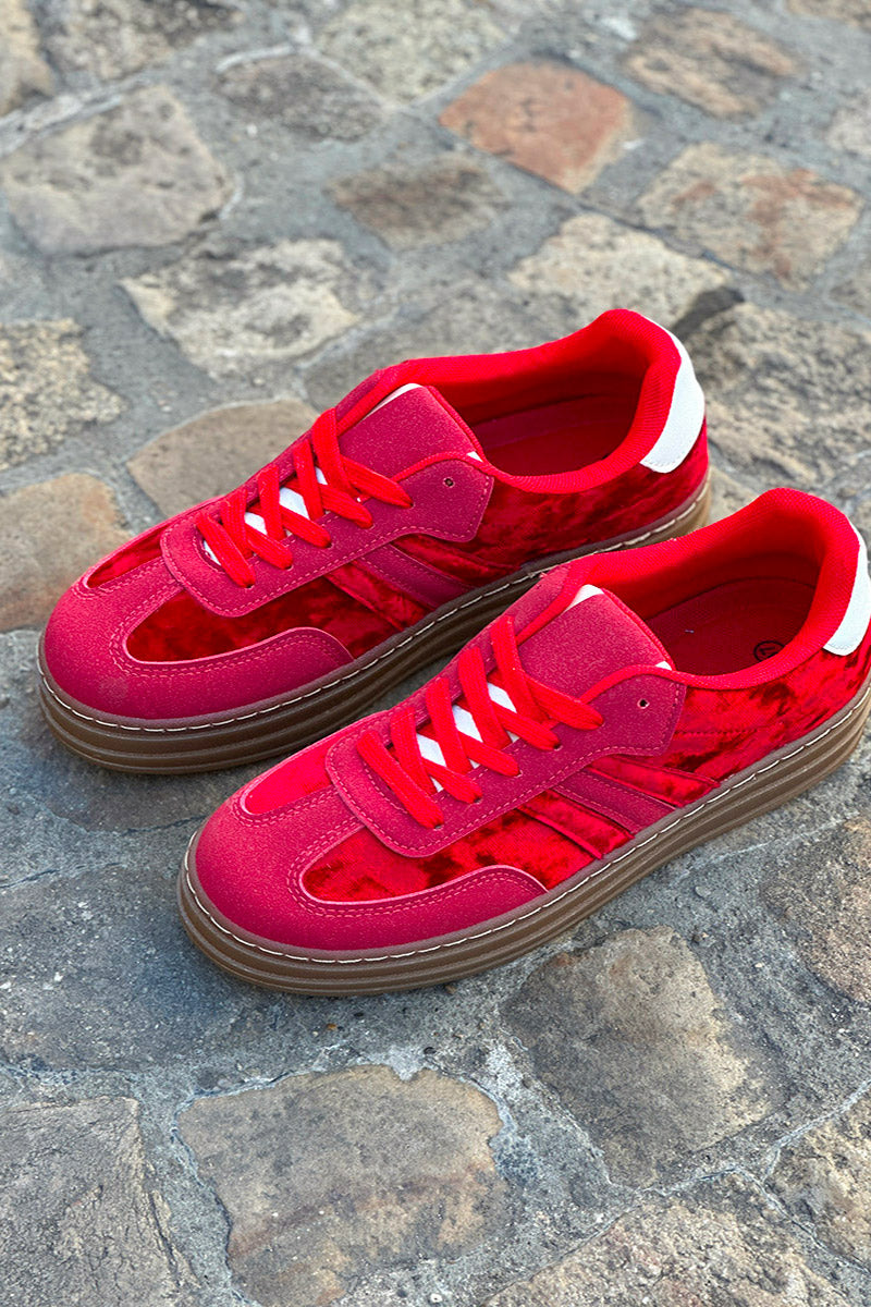 Red Velvet and Suede Sport Stripe Sneakers