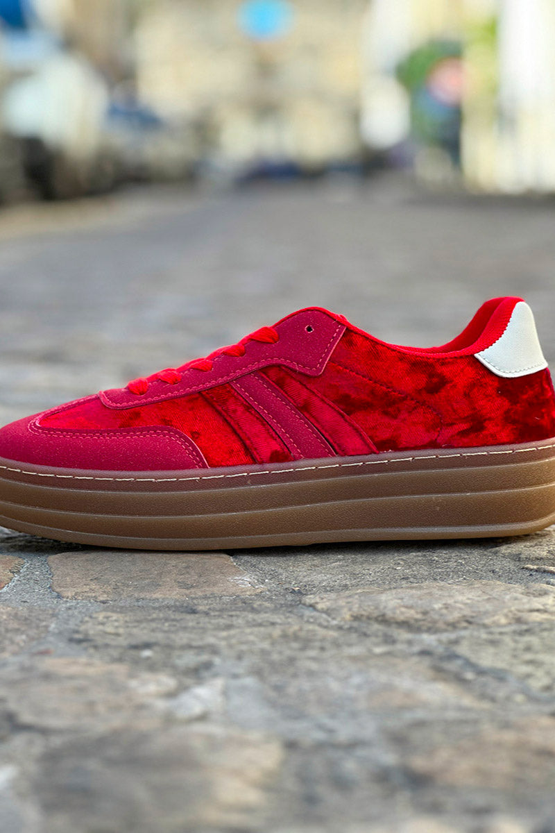 Red Velvet and Suede Sport Stripe Sneakers