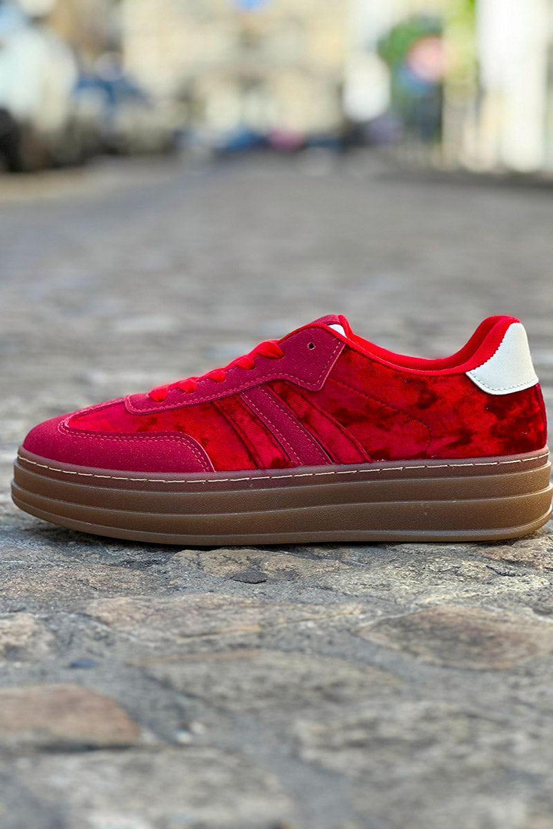 Red Velvet and Suede Sport Stripe Sneakers