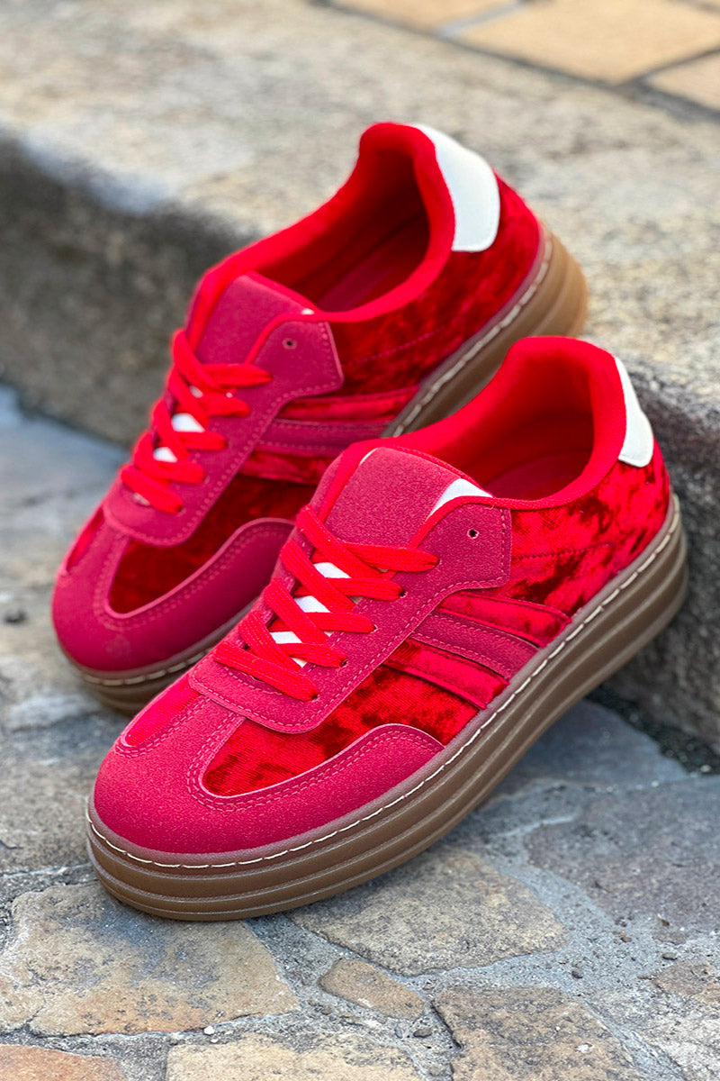 Red Velvet and Suede Sport Stripe Sneakers