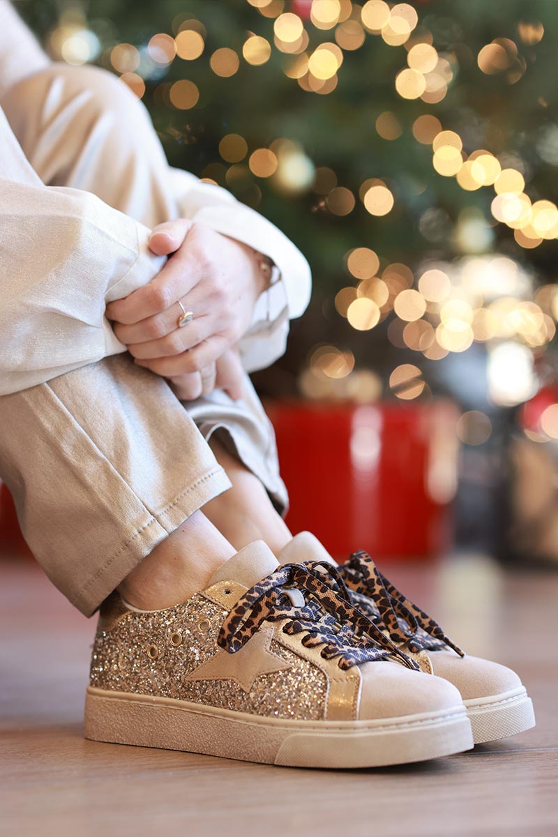 Tennis étoile beige brillantes à paillettes dorées lacet léopard