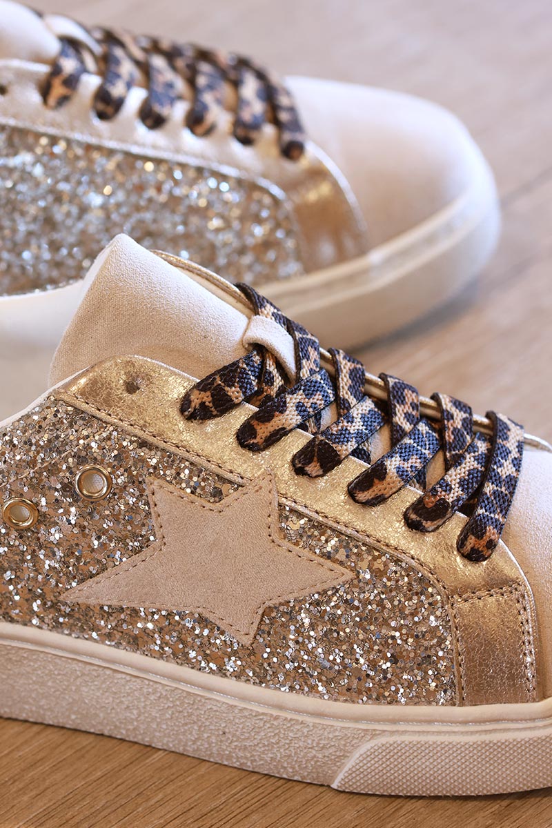 Tennis étoile beige brillantes à paillettes dorées lacet léopard