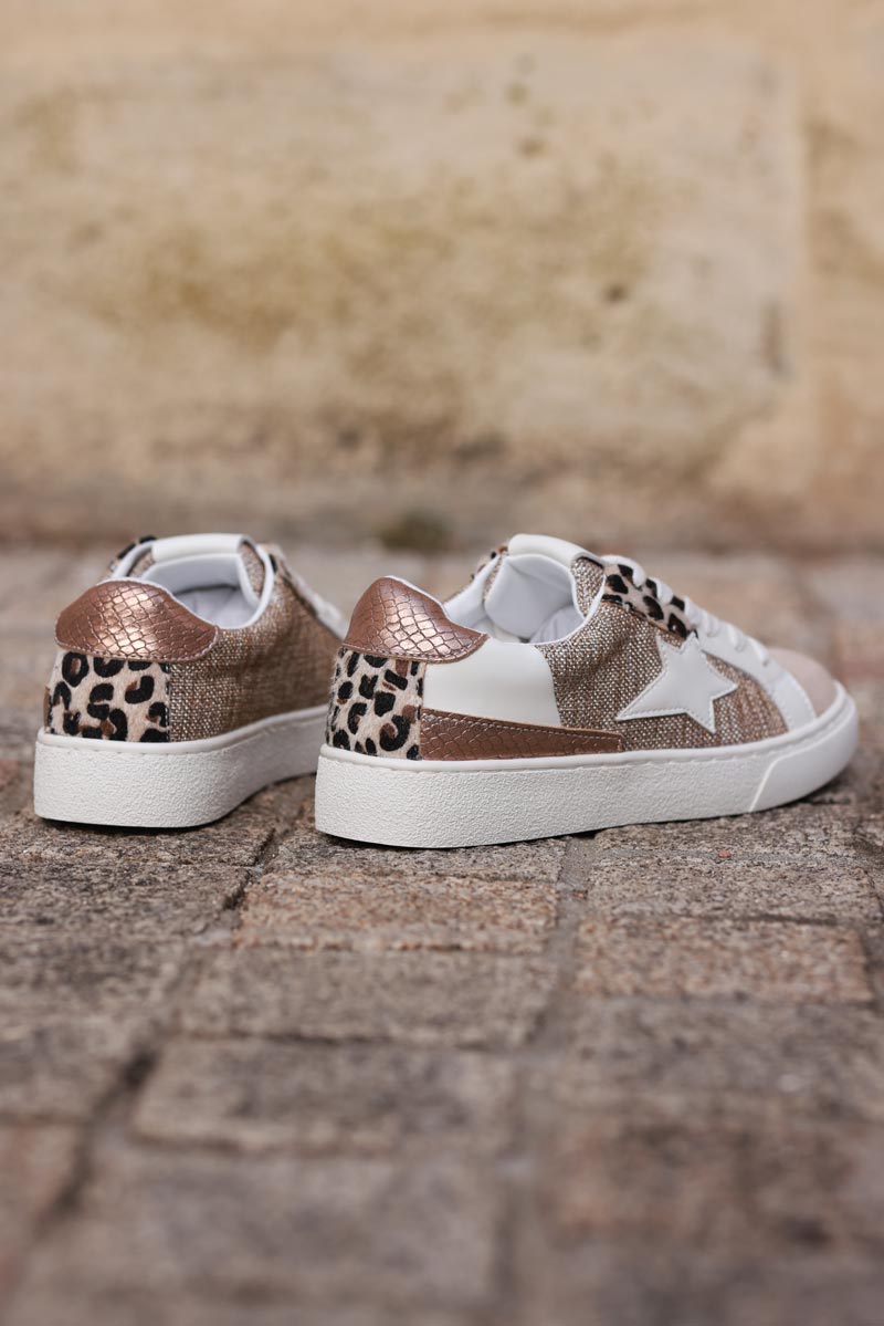 Beige trainers with white star and leopard patchwork