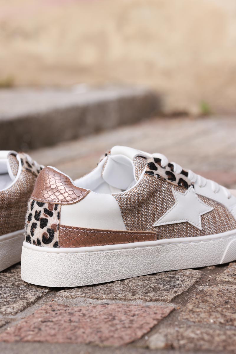 Beige trainers with white star and leopard patchwork