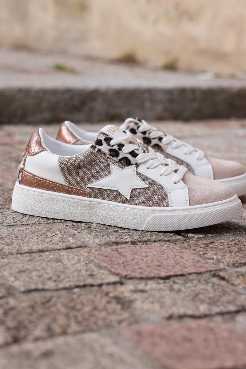 Beige trainers with white star and leopard patchwork