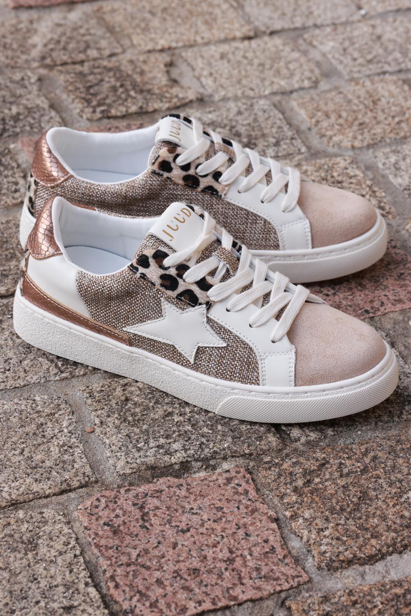 Beige trainers with white star and leopard patchwork