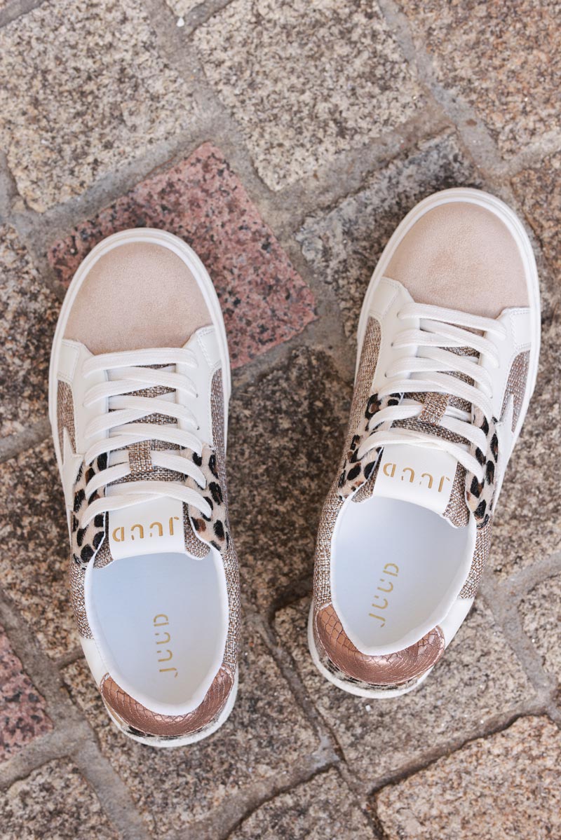 Beige sneakers with white star and leopard patchwork