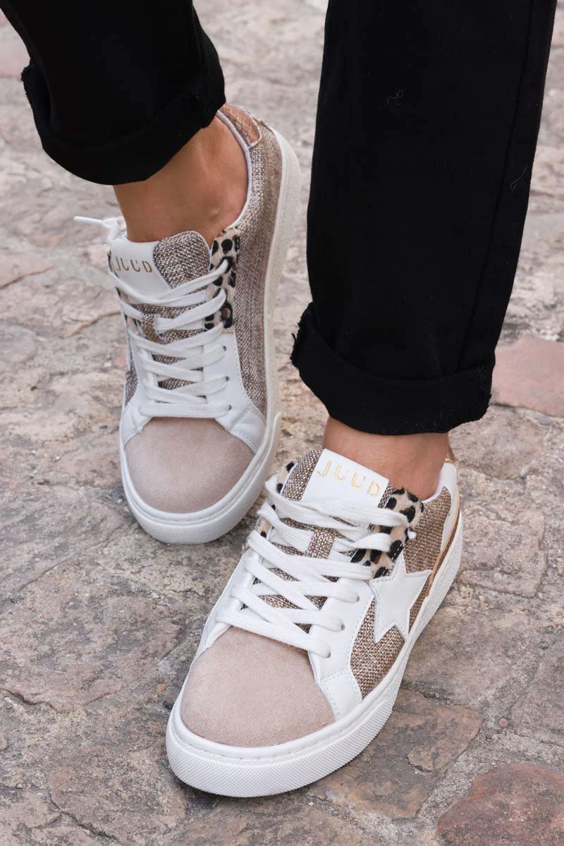 Beige sneakers with white star and leopard patchwork