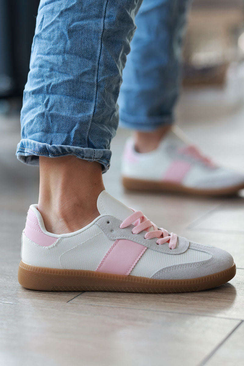 Light gray Canvas Sneakers with Light Pink Sueded Stripe
