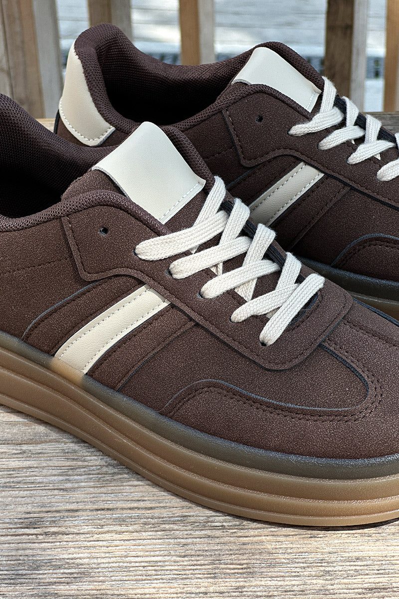 Chocolate Brown Suedette Sport Stripe Sneakers