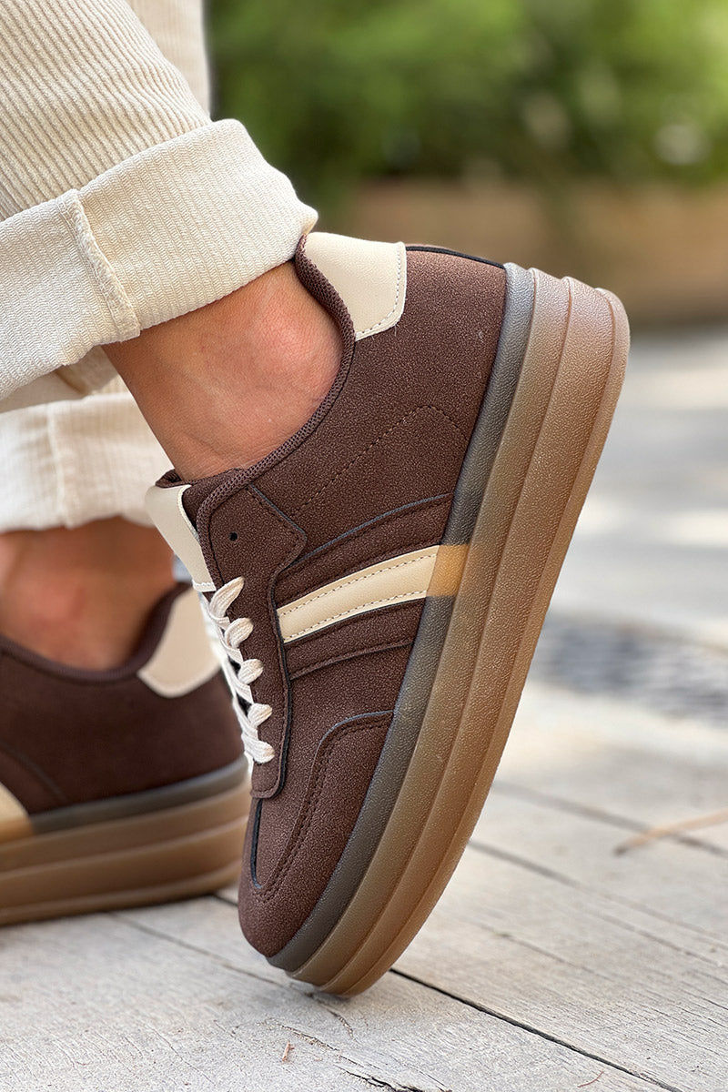 Chocolate Brown Suedette Sport Stripe Sneakers