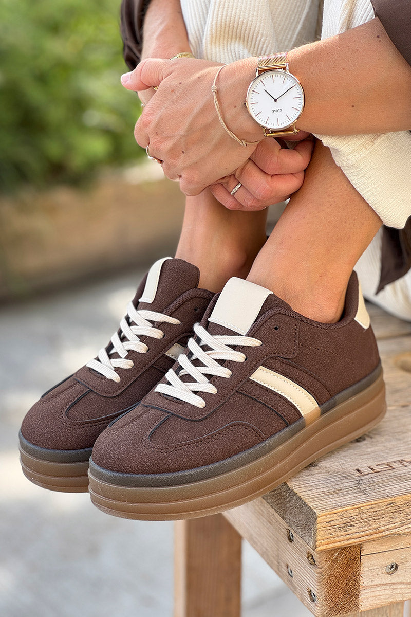 Chocolate Brown Suedette Sport Stripe Sneakers