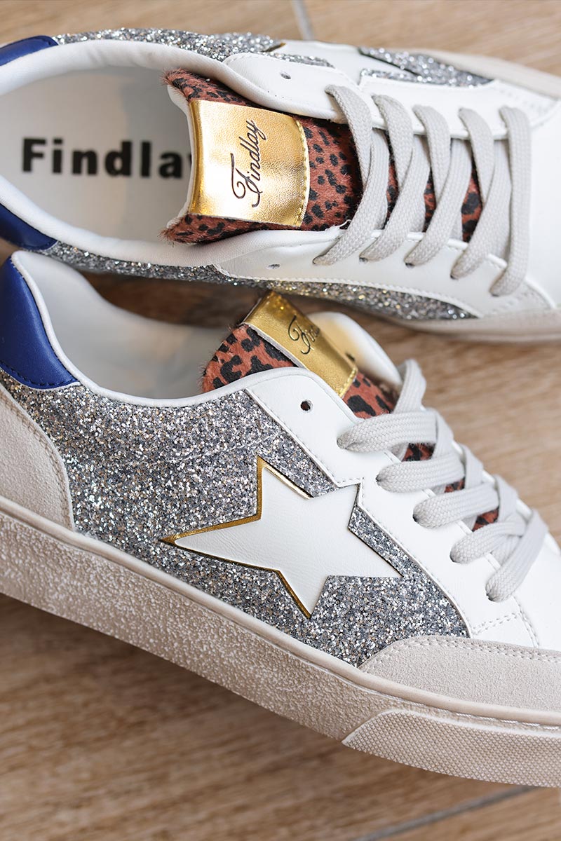 White and silver glitter sneakers with white star and leopard tongue