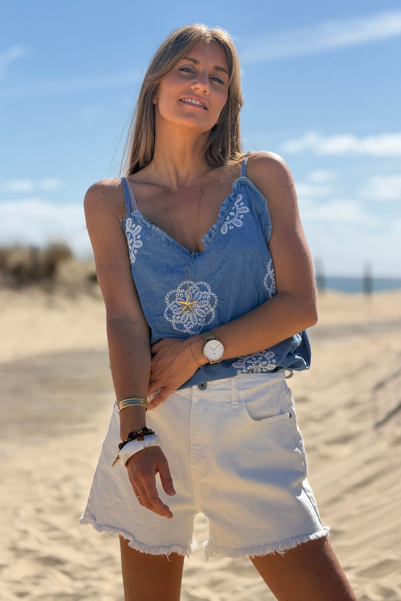 Blue Jean Chambray Woven Lace Tank Top
