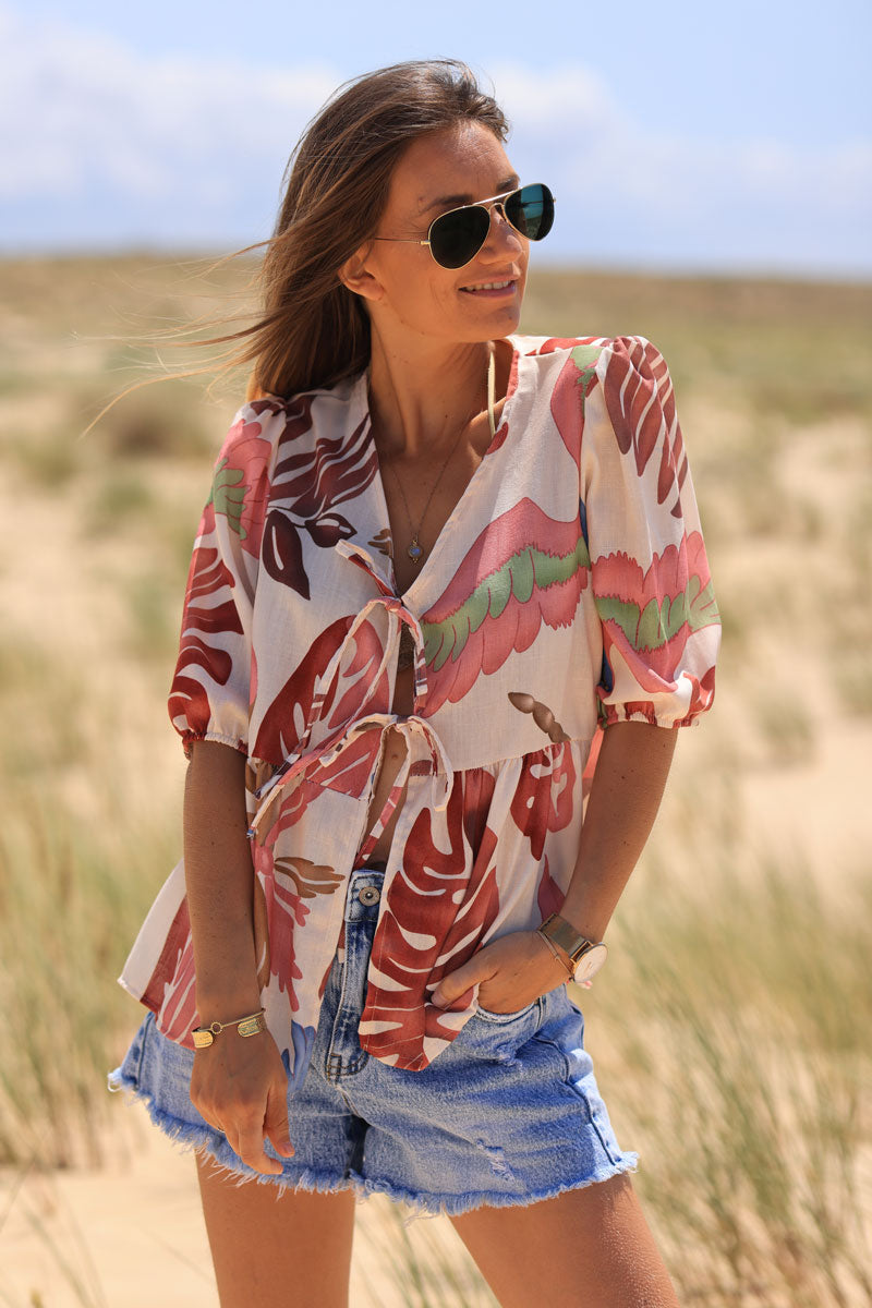 Ecru tie front blouse with pink watercolor palm and parrot print