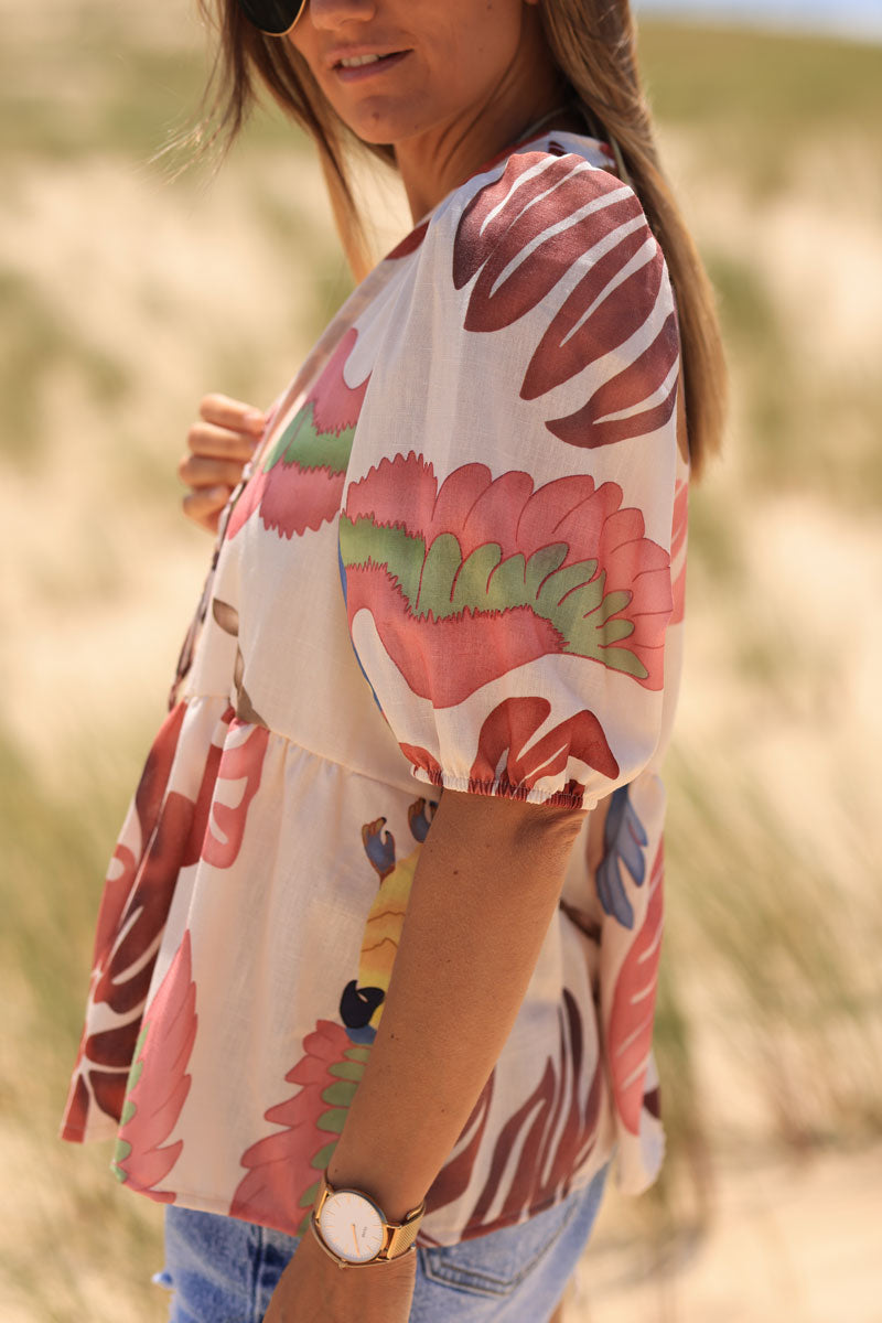 Ecru tie front blouse with pink watercolor palm and parrot print