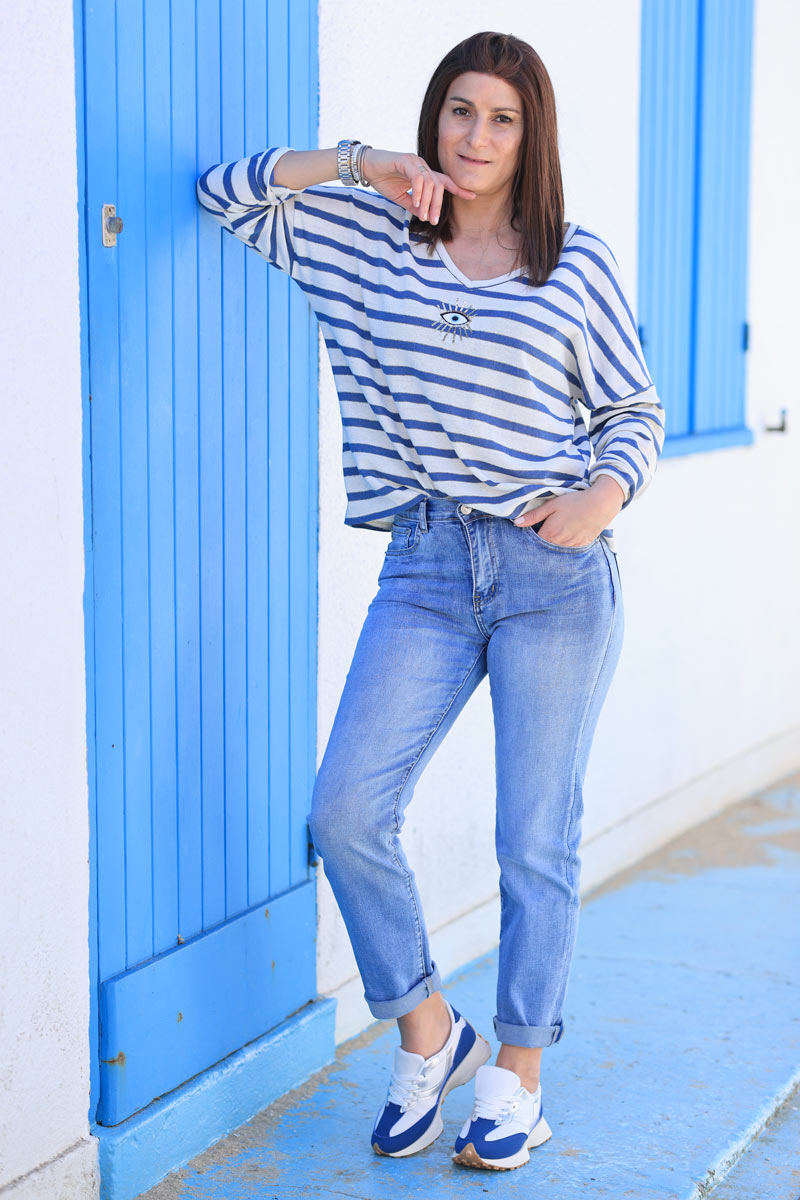 Sailor style dusty blue striped top with sequin eye symbol