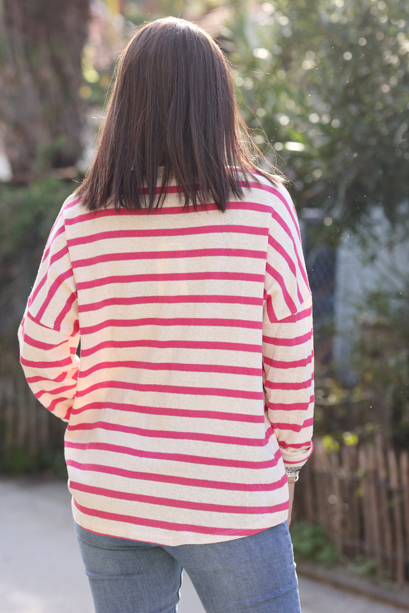 Fuchsia striped sweater with embroidered flowers