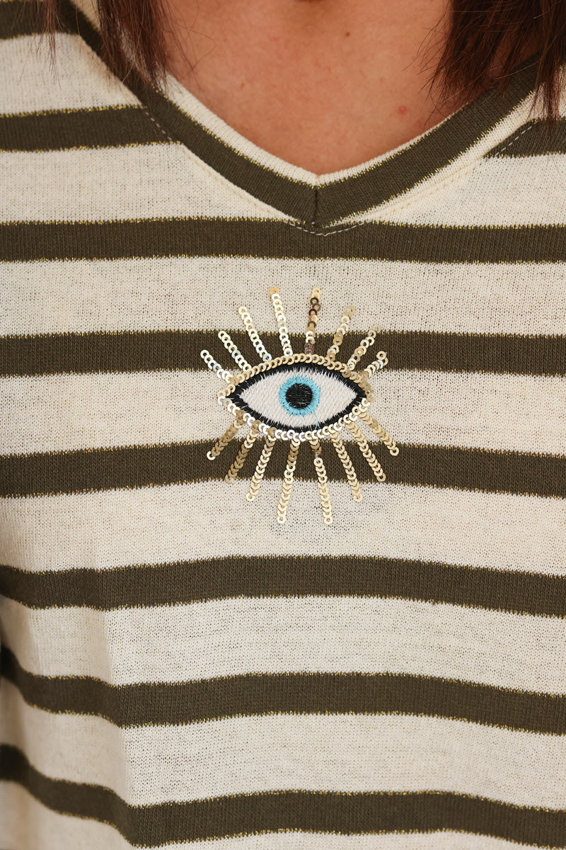 Sailor style khaki striped top with sequin eye symbol