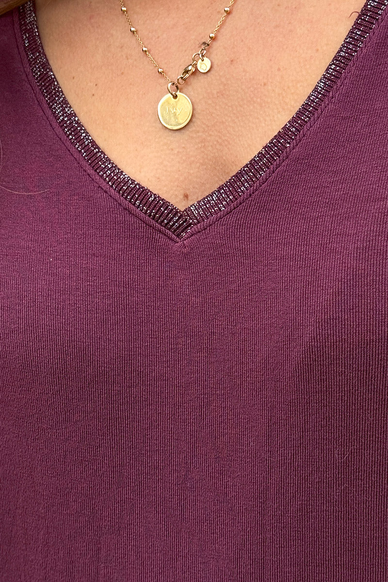 Burgundy Sparkle V-Neck Viscose Top
