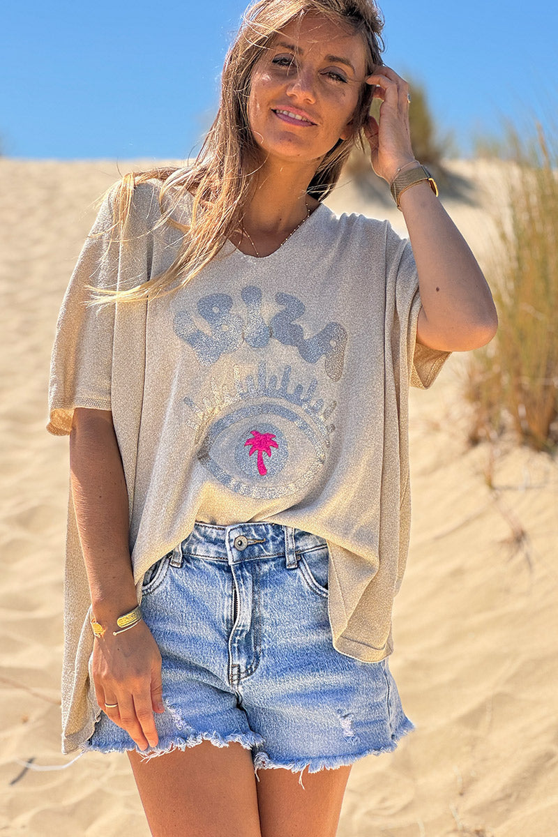 Gold Ibiza Eye Glitter Knit Slouchy Blouse