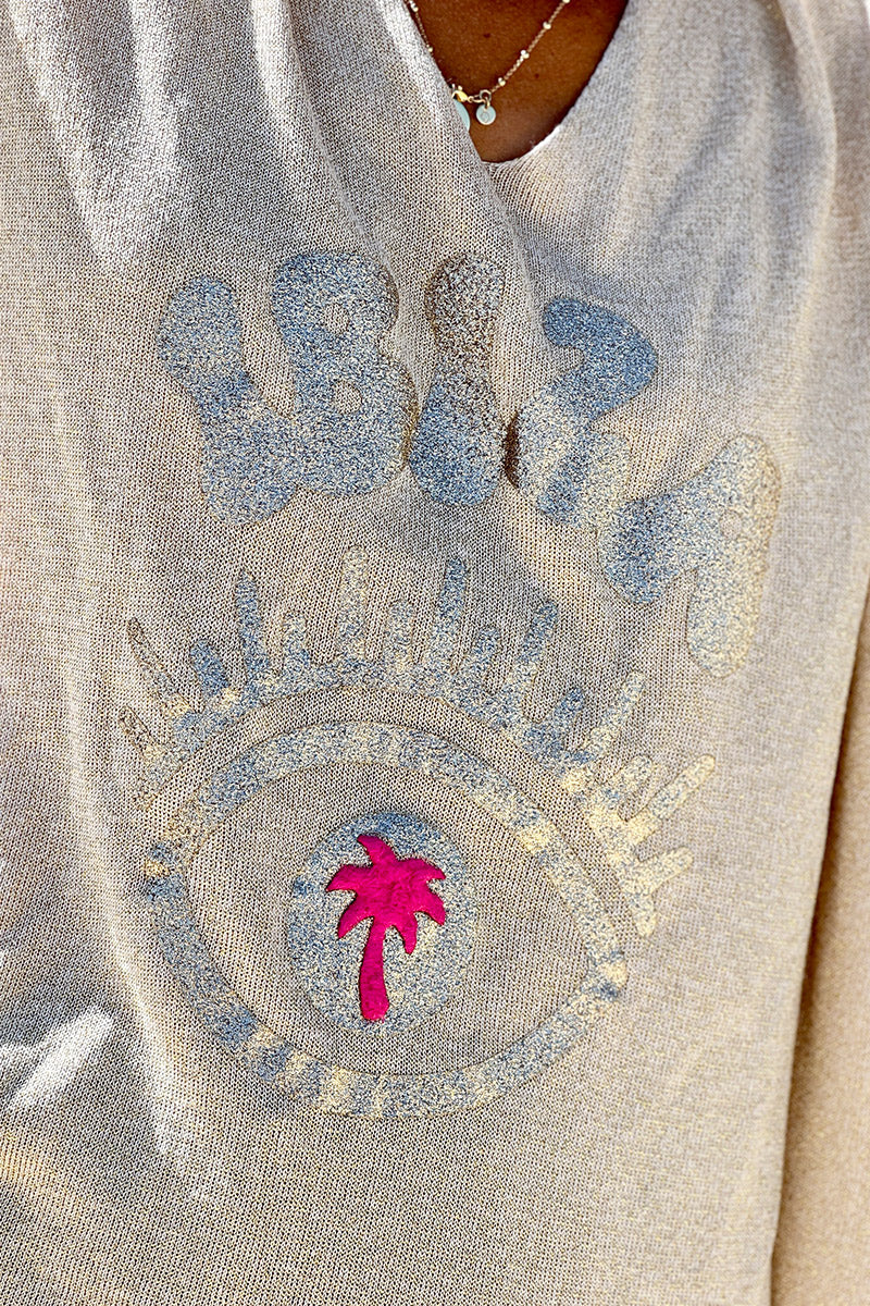Gold Ibiza Eye Glitter Knit Slouchy Blouse