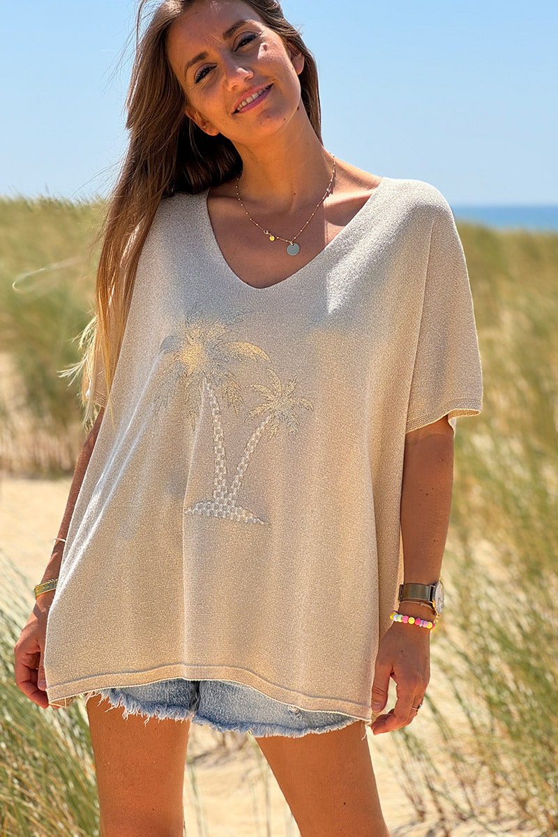 Top beige brillant large Palmiers dorés gold