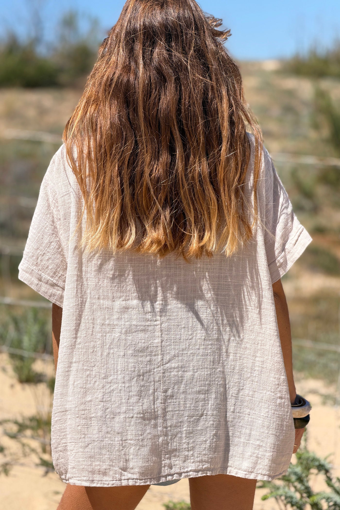 Taupe Crochet Sleeve Linen Tunic