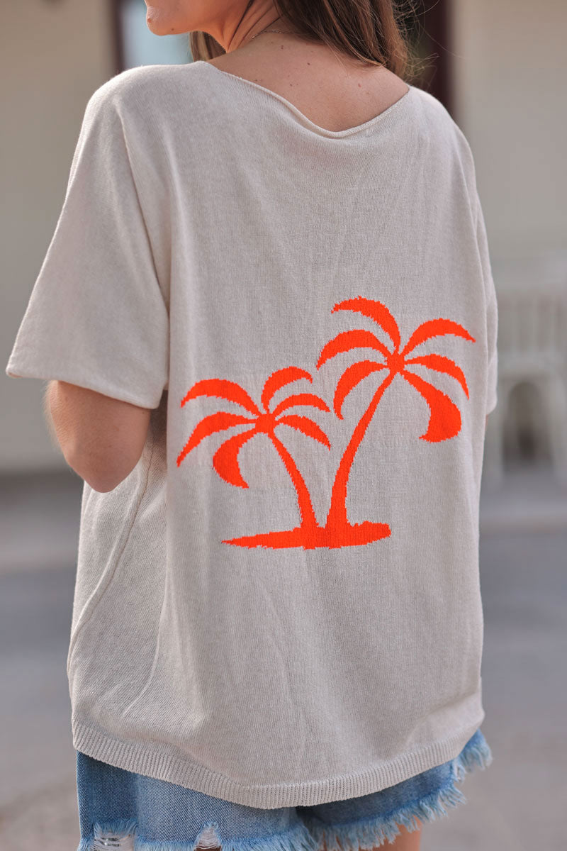 Cream V-Neck Orange Palm Knit Blouse