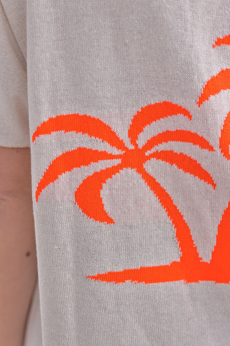 Cream V-Neck Orange Palm Knit Blouse