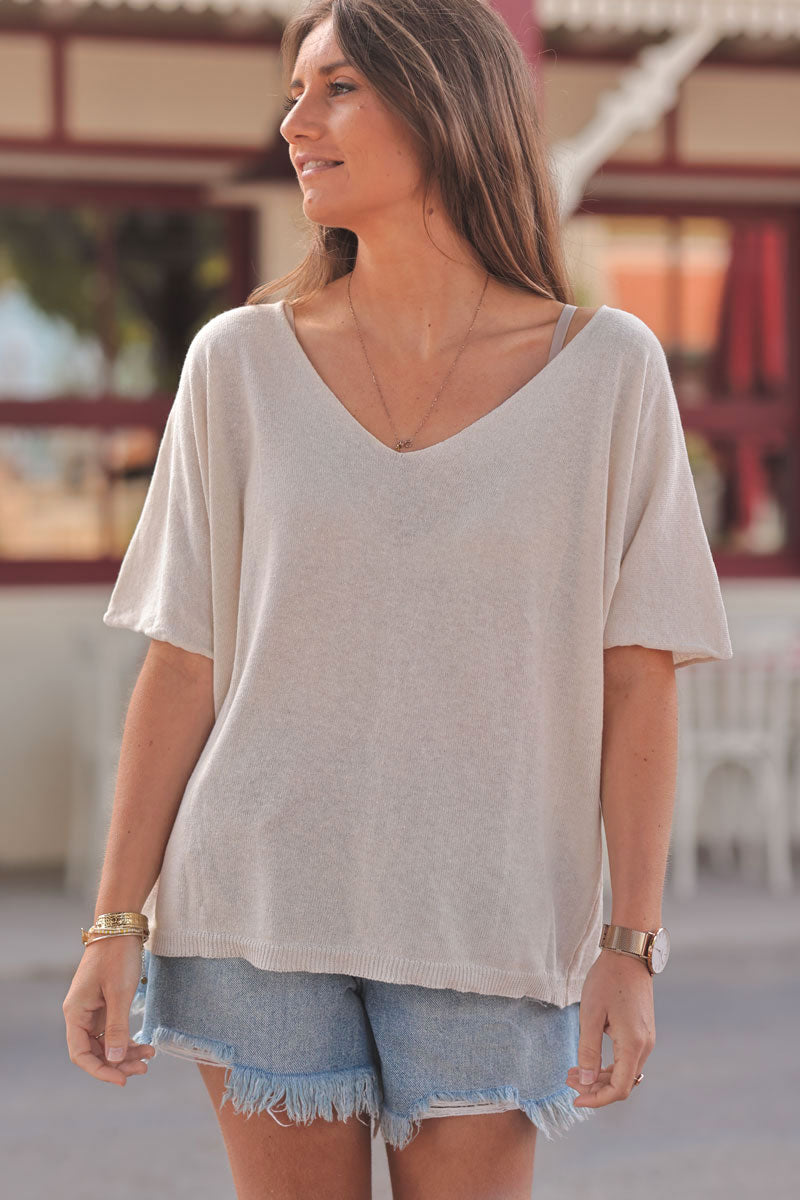 Cream V-Neck Orange Palm Knit Blouse