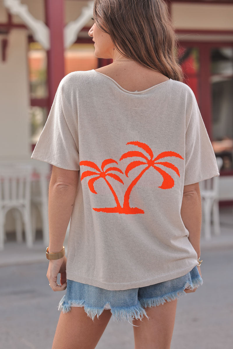 Cream V-Neck Orange Palm Knit Blouse
