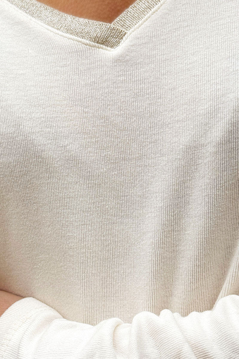 Beige Sparkle V-Neck Viscose Top