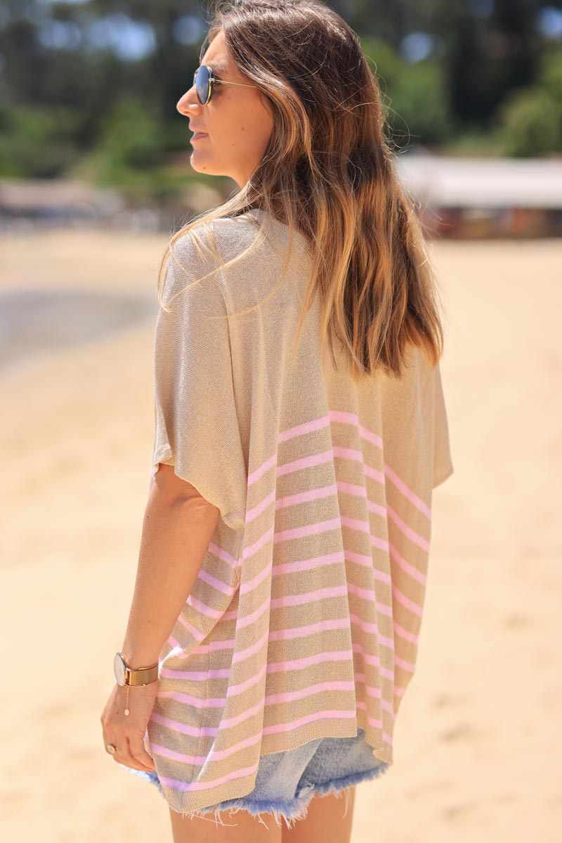 Beige gold lurex top with pink stripes