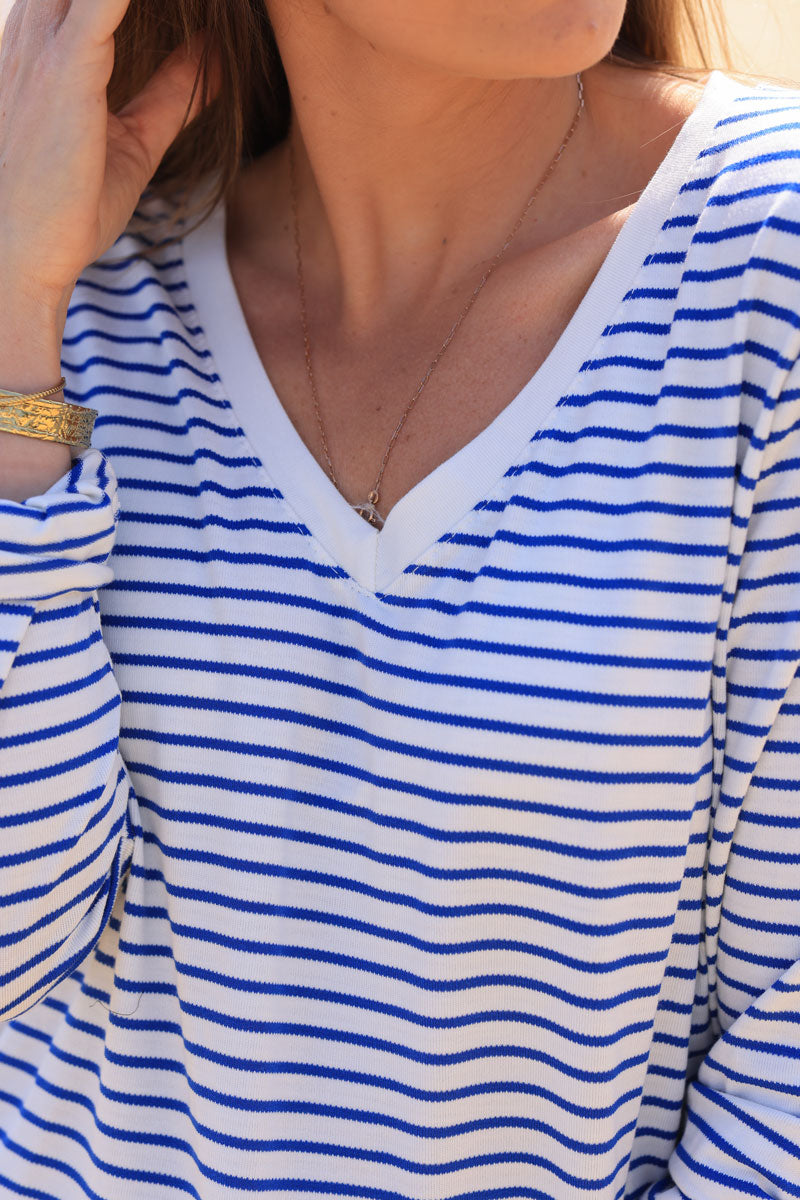 Off white and royal blue striped stretch top