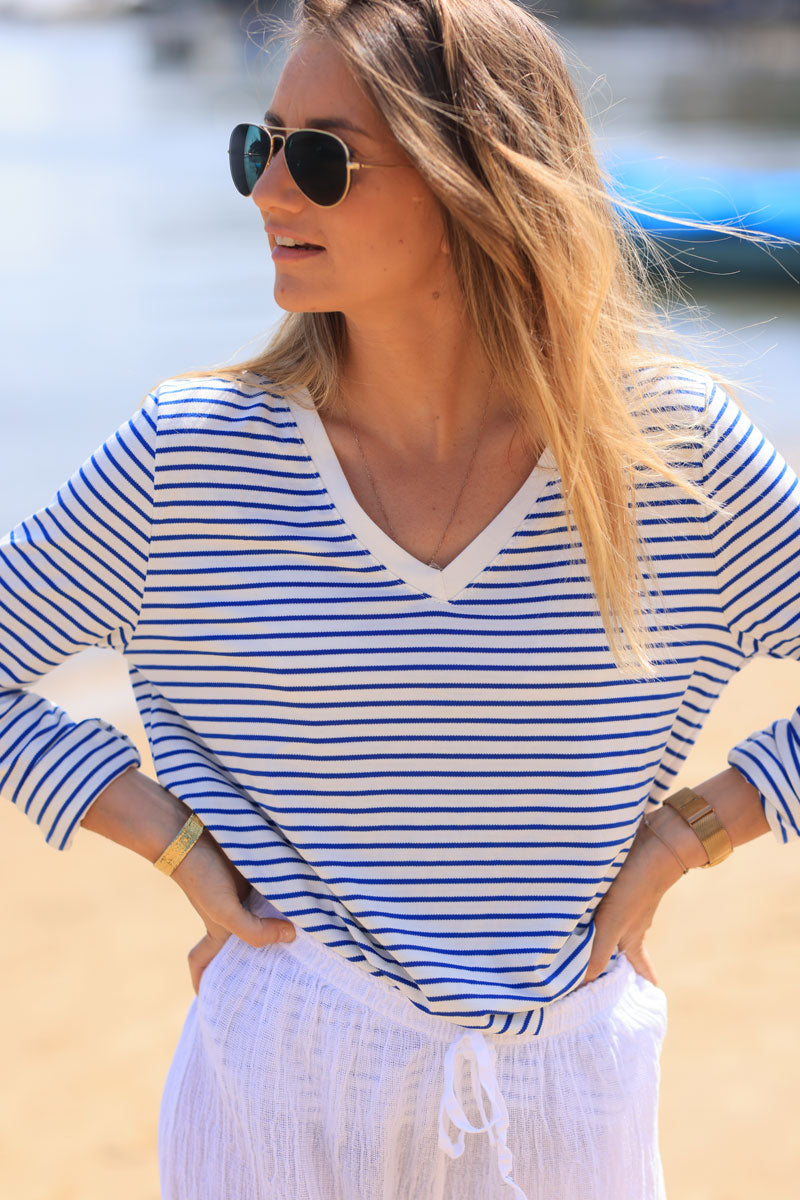 Off white and royal blue striped stretch top