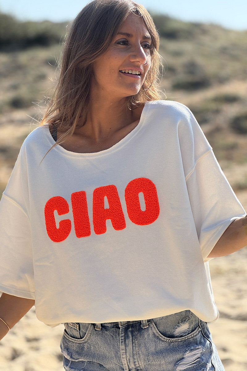 Top blanc cassé en coton manches courtes broderie éponge CIAO orange