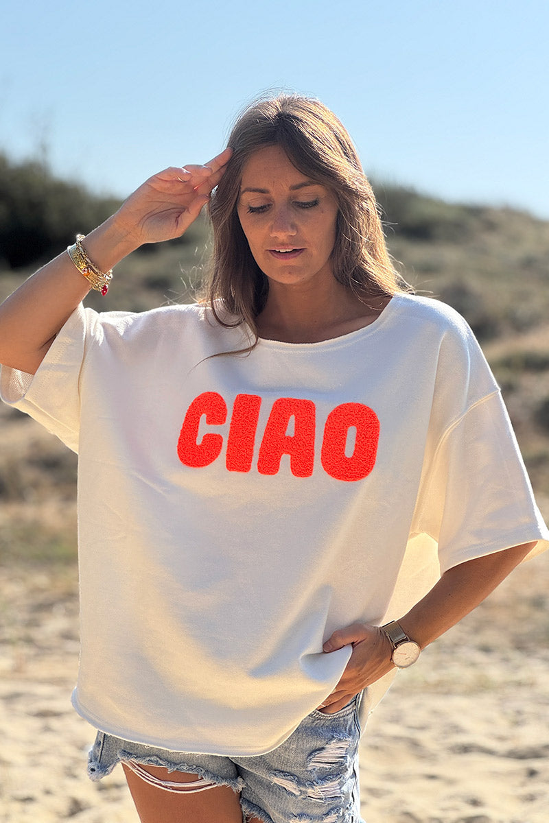 Top blanc cassé en coton manches courtes broderie éponge CIAO orange