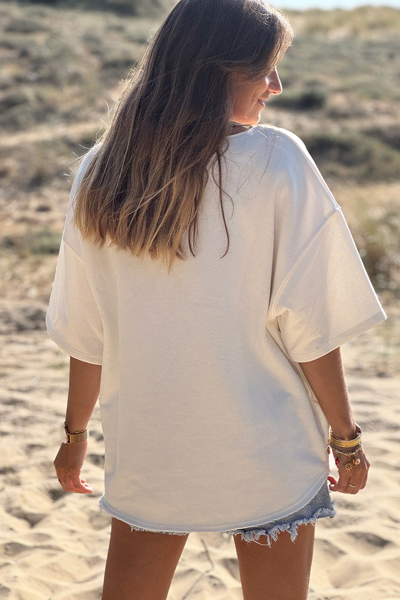 Top blanc cassé en coton manches courtes broderie éponge CIAO orange