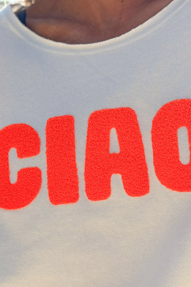 Top blanc cassé en coton manches courtes broderie éponge CIAO orange