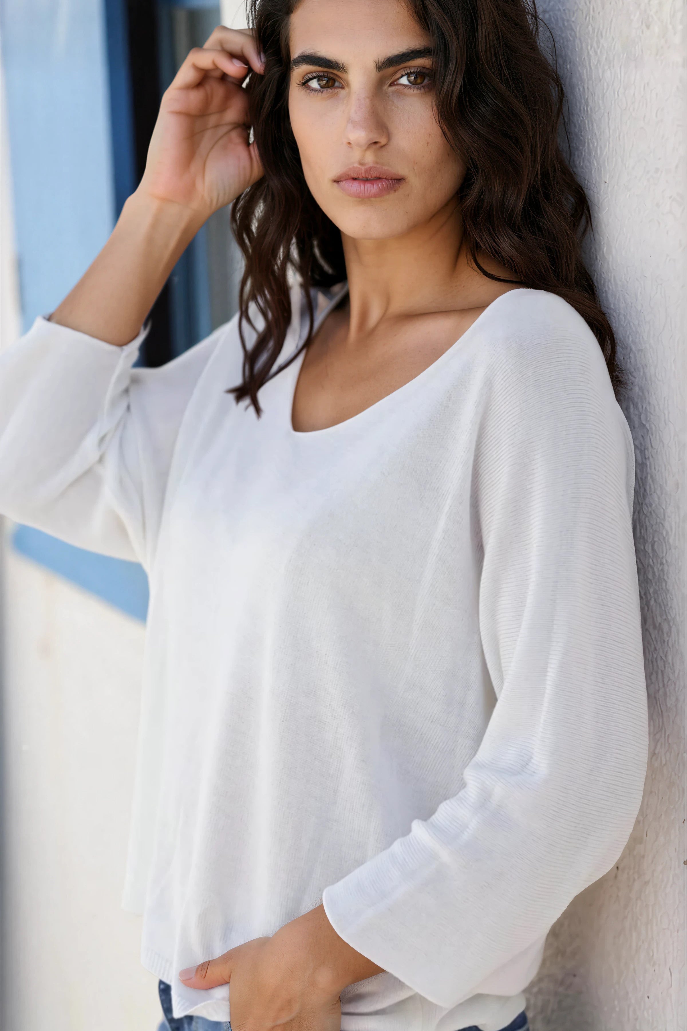 Top blanc cassé jersey manches chauve souris
